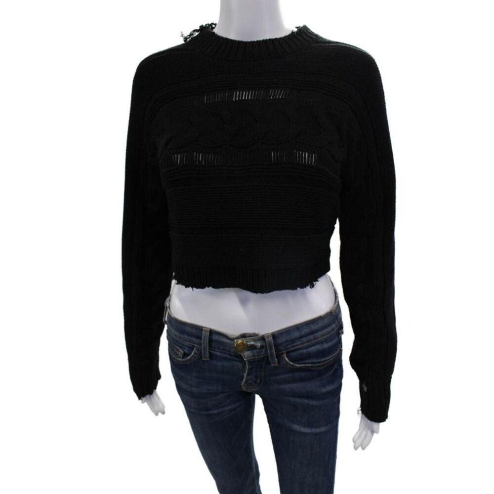 R+A Womens Cotton Cable Knit Distress Long Sleeve Sweater Top Black Size XXS